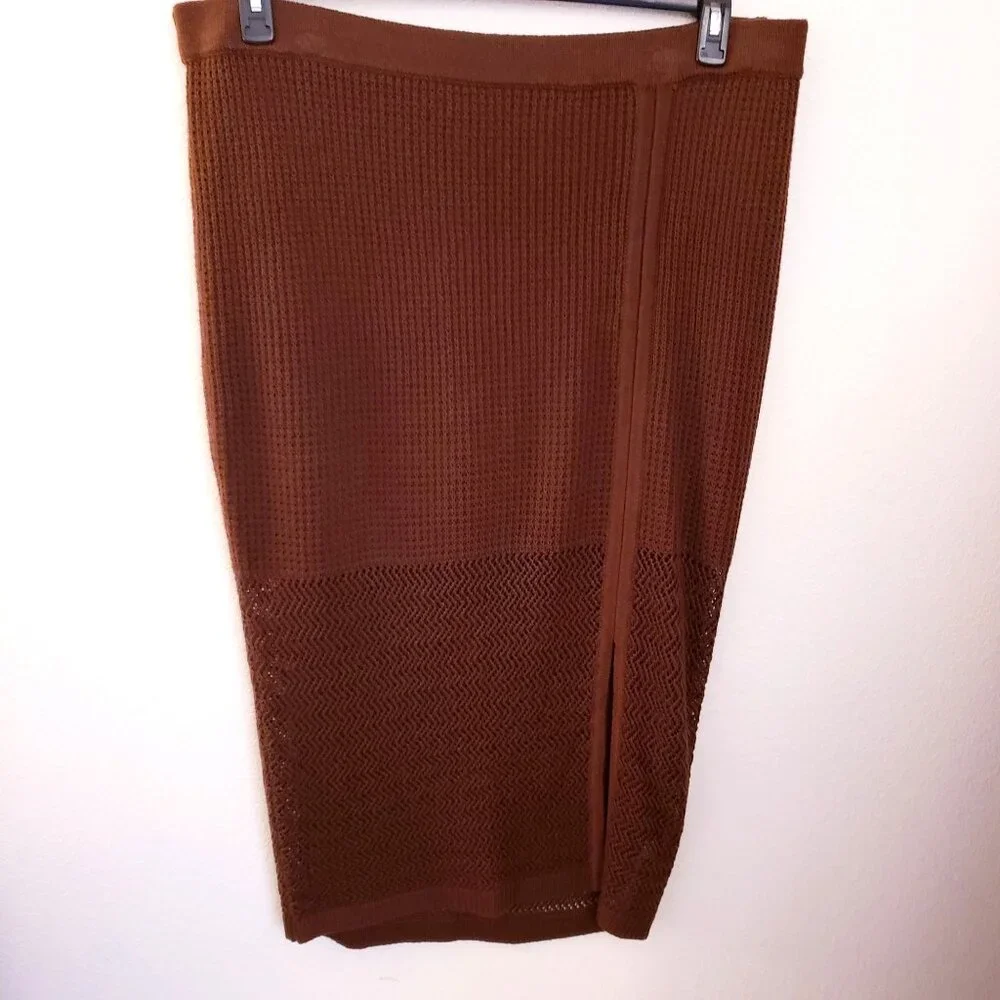 Nina Parker  Brown Knit Pencil Crochet Midi Skirt with Front Slit 3X NWOT